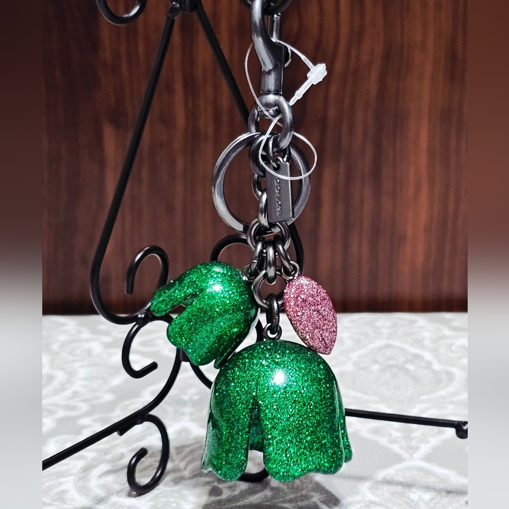 Coach Glitter Resin Tea Rose Bag Charm Keychain Green Pink F58514